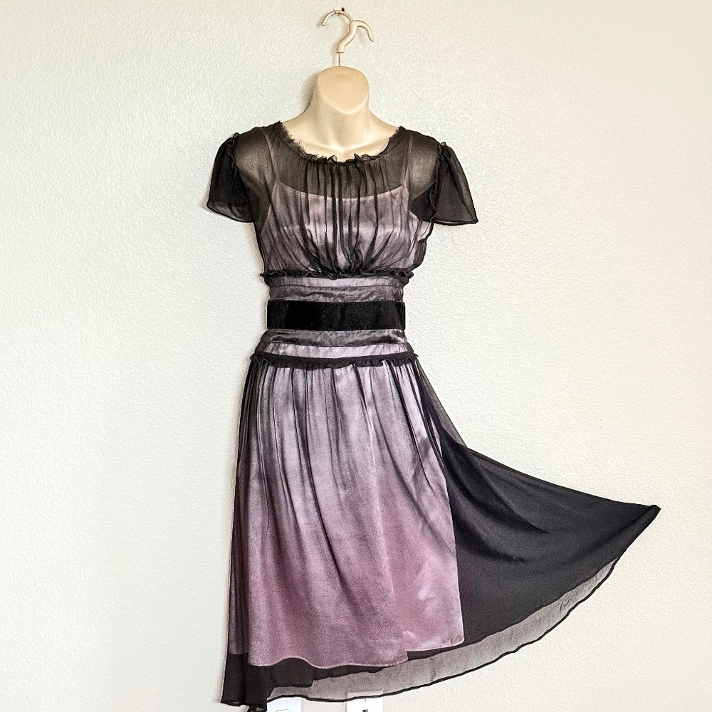 VTG Y2K Dark Coquette Fairy 100% Silk Sheer Black & Pink Peasant Dress Size M
